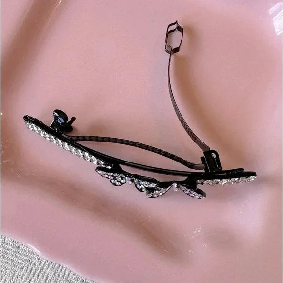 Large Butterfly Crystal & Rhinestone Barrette Set in Hematite Black Metal - Picture 4 of 5